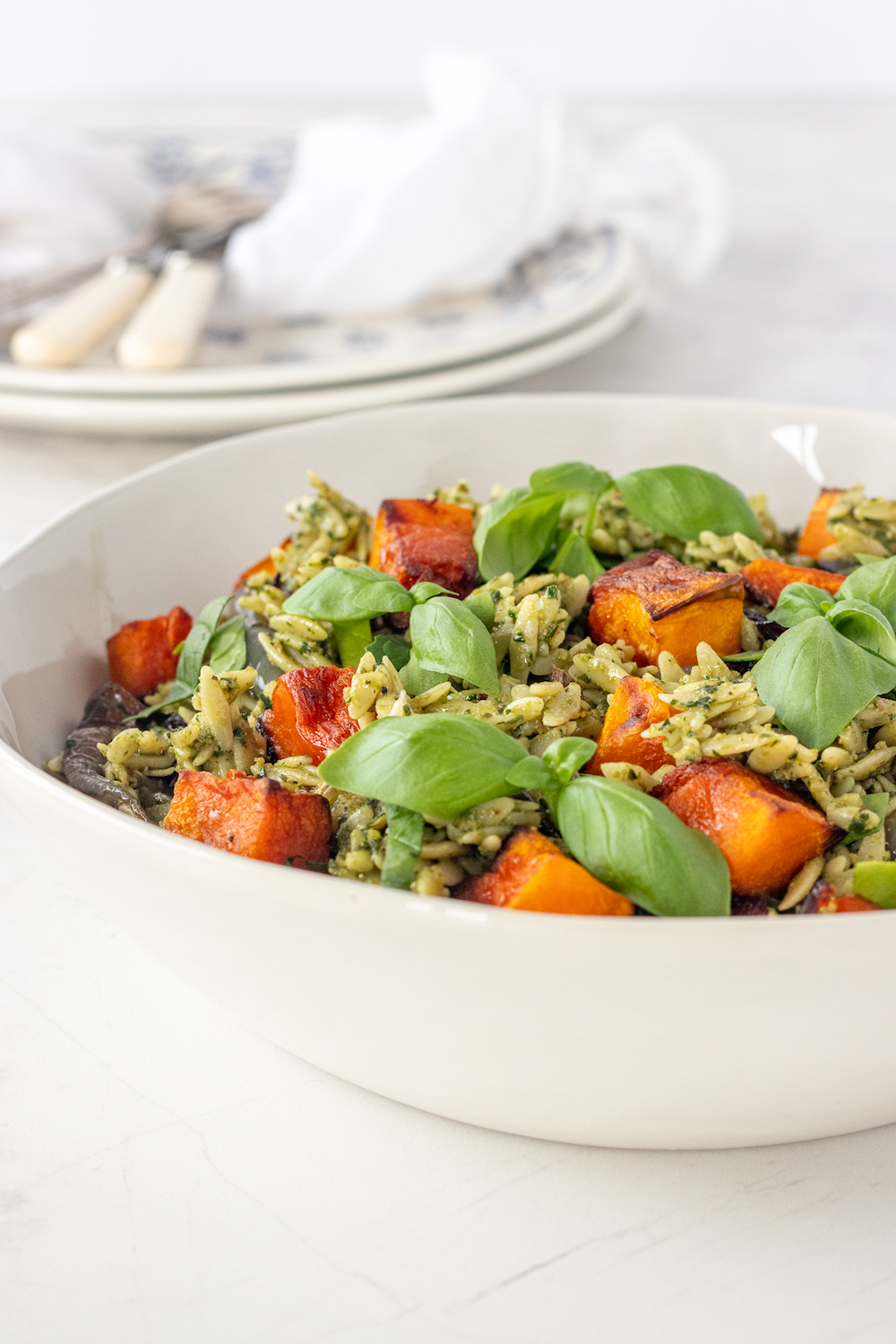Walnut, Basil Spinach Pesto Orzo Salad with Roasted Pumpkin