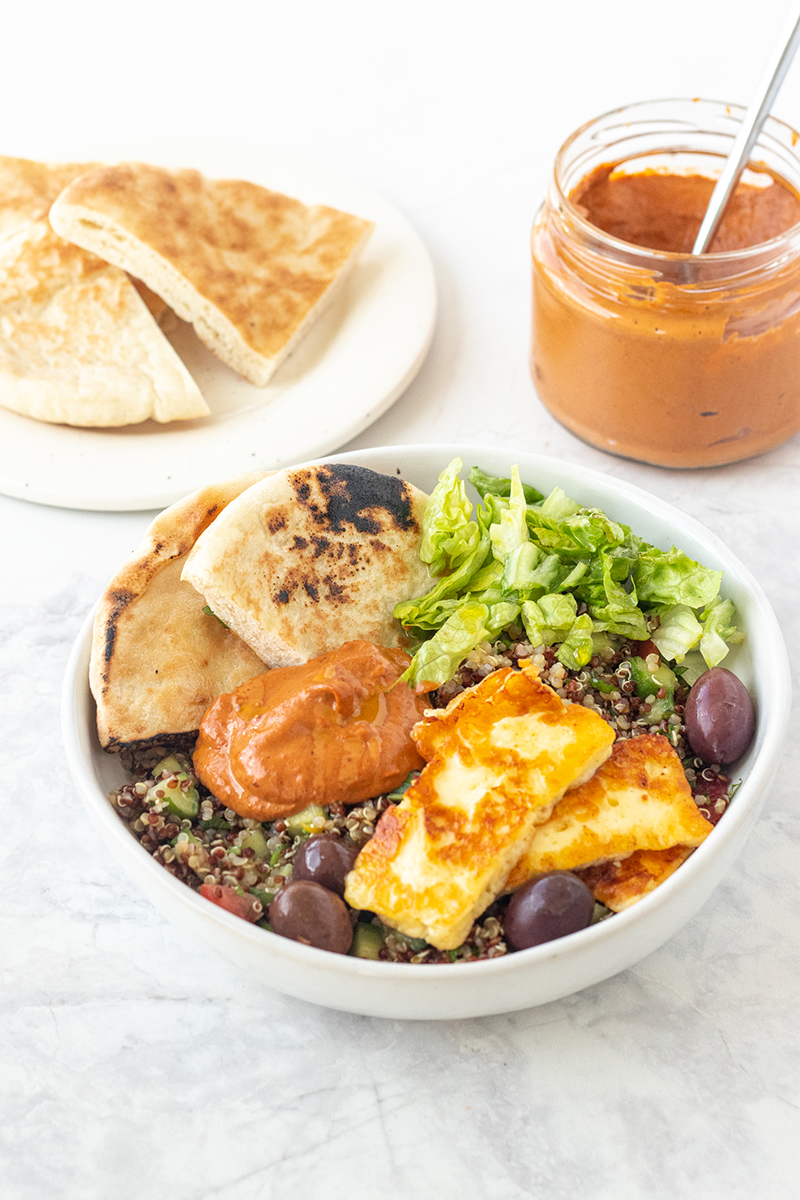 Middle EasternInspired Buddha bowl with Tabouli, Halloumi and Roast